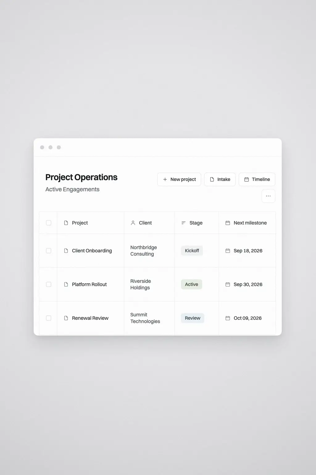 Project operations workspace showing active client engagements, stages, and upcoming milestones