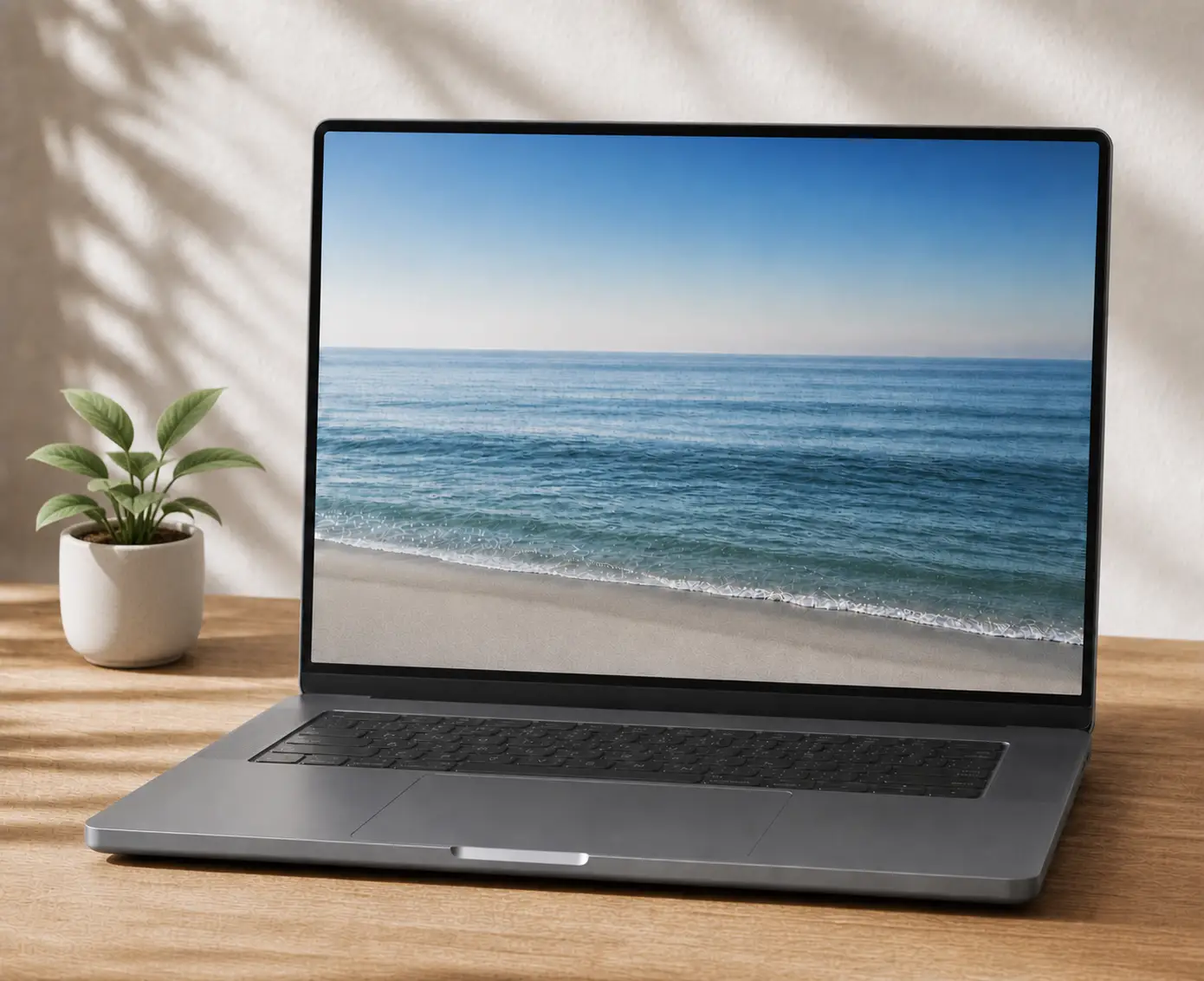 Space-gray laptop displaying a calm ocean scene in warm window light
