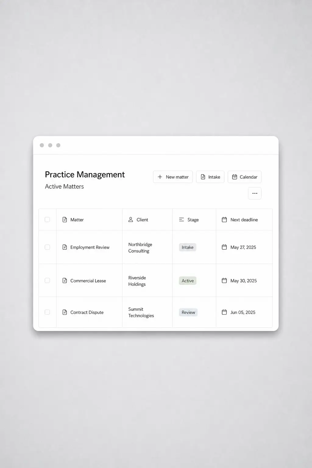 Legal practice management workspace showing client intake, matter documents, deadlines, and assigned team