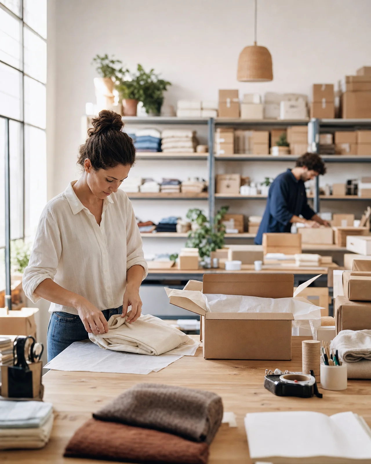 A retail team preparing garments and parcels in a packing studio.