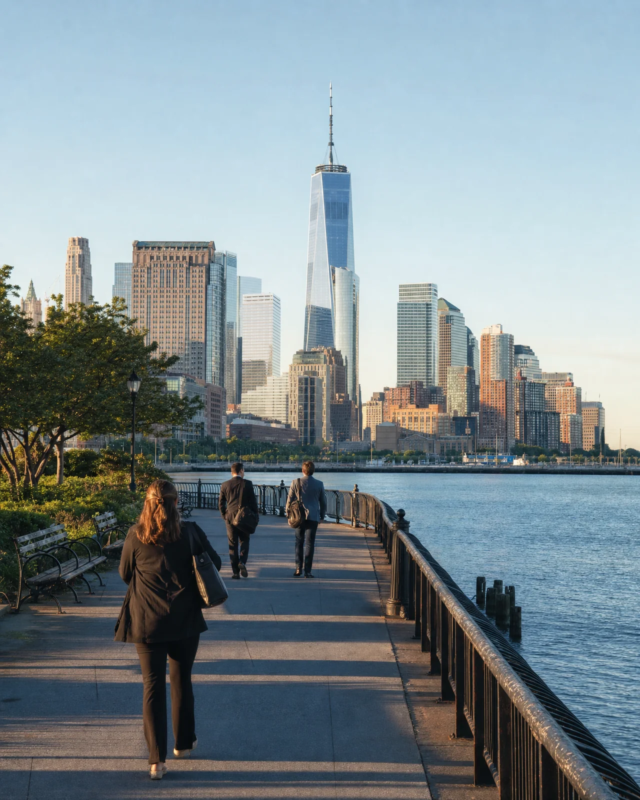 Lower Manhattan across the East River from a waterfront promenade.