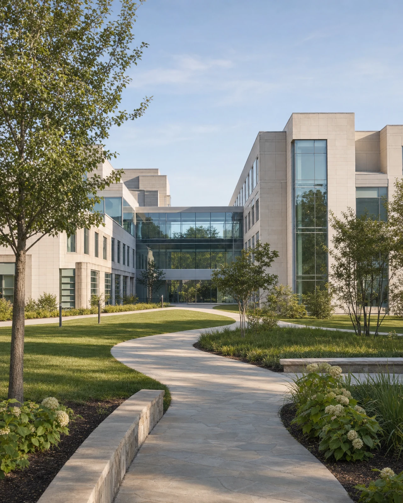A landscaped healing garden beside a modern medical campus in warm morning light.