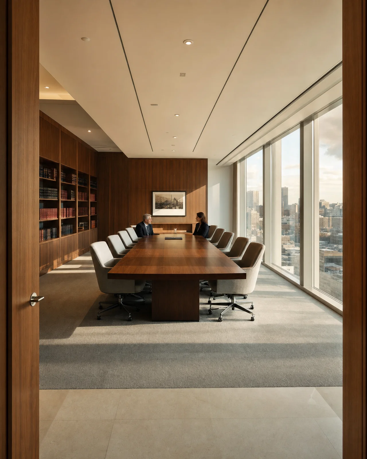 A spacious law office with two attorneys seated at the far end of a walnut conference table.