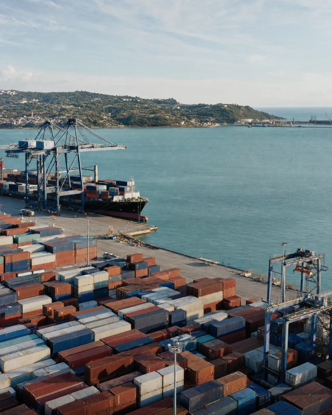 A coastal container terminal with cranes and a docked cargo ship.