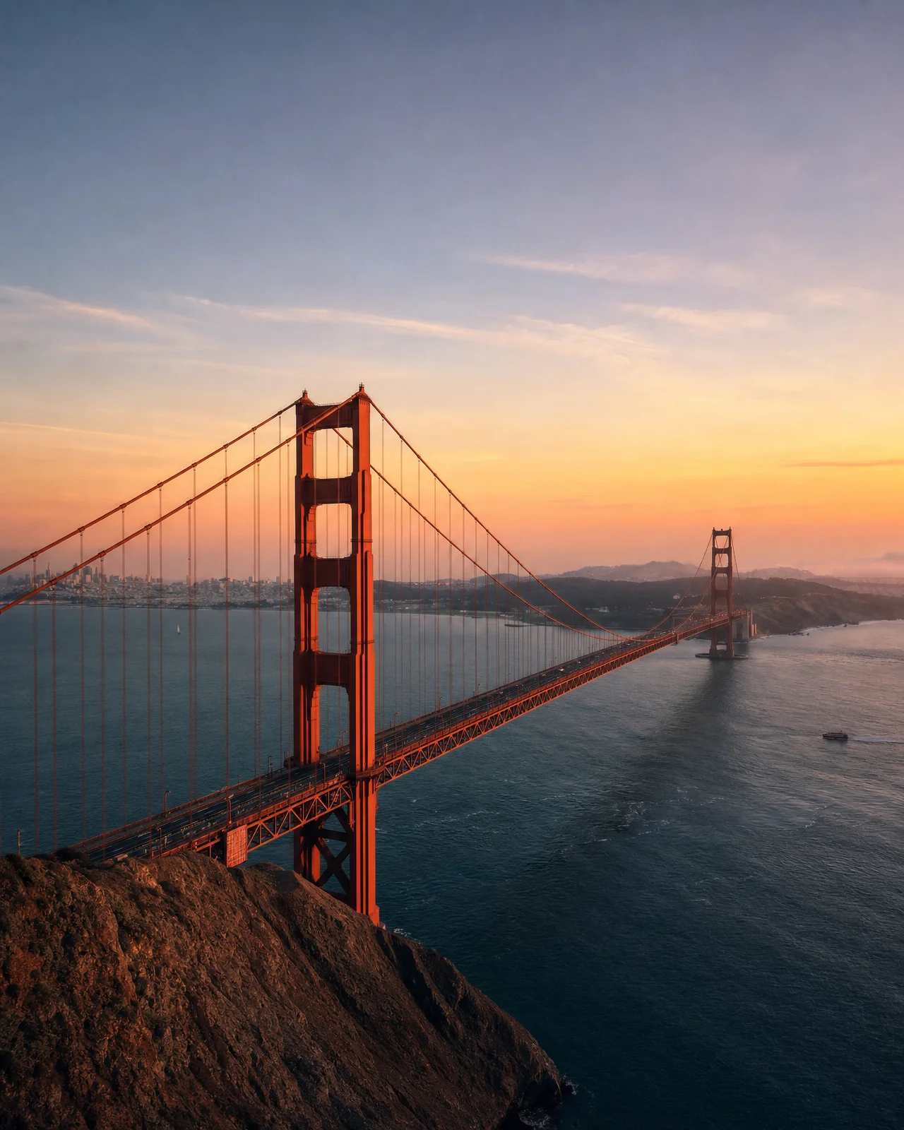 San Francisco's Golden Gate Bridge in warm sunset light over the bay.